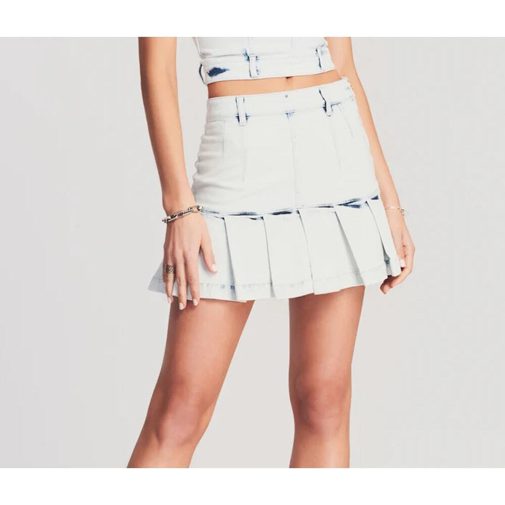 Retrofete‎ Alexandra Pleated Jean Skirt Mini Sz Sml Acid Wash 80s Revolve Italy